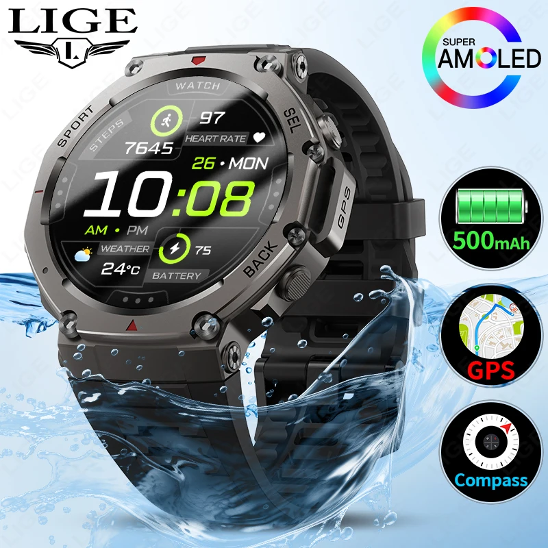 

LIGE 2025 GPS Sports Tracker Smart Watch 5 ATM Waterproof Built-in Dual-Band GNSS Compass Military Sport Smartwatch Men Watches