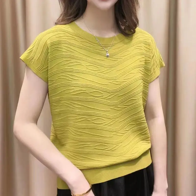 Women\'s Clothing Summer Fashion Elegant Solid 3D Wave Ice Silk Knitted T-shirts Simple Casual Short Sleeve Loose Pullover Tops