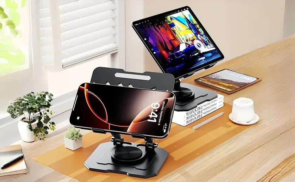 Verstellbarer, drehbarer Doppelstangen-Tablet-Halter aus Kohlenstoffstahl für den Schreibtisch, geeignet für 4,7–16,5 Zoll iPad-Tablets, tragbare Monitore und Kindle. – Detail 1