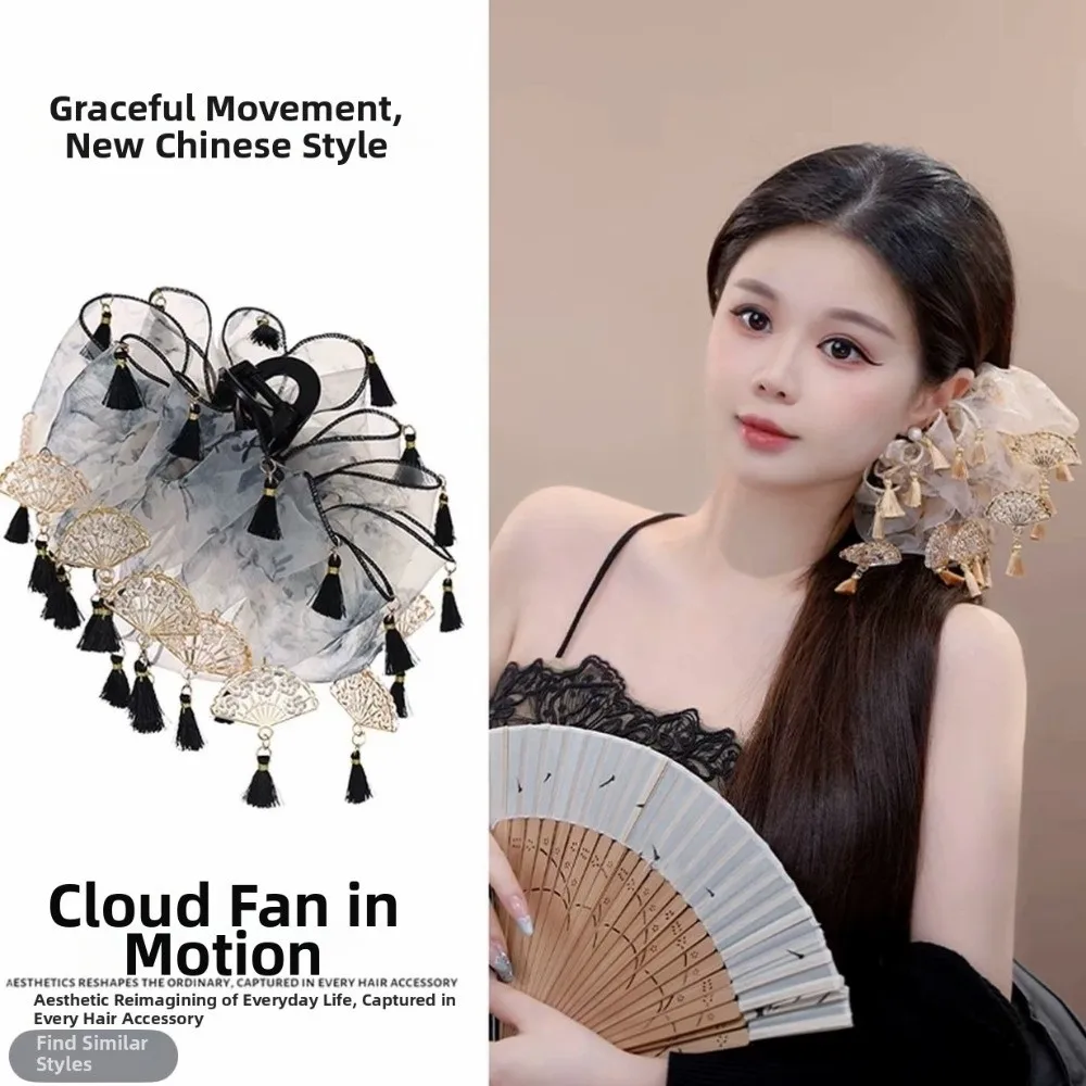 Chinese Style Ancient Fan-shaped Tassel Hair Clips Lotus Motif Handmade Back-of-head Shark-shaped Clips Fabric Fan Motif