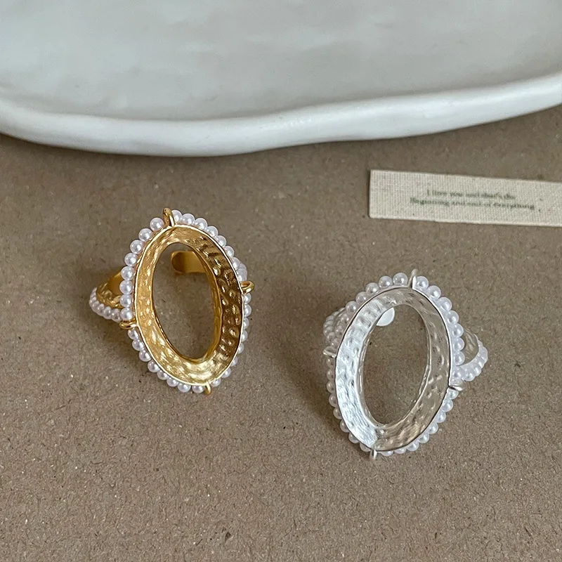 Minar Elegant Texture Drape Metallic Hollow Oval Imitation Pearl Open Adjusting Cocktail Ring for Women Real Gold Silver Copper