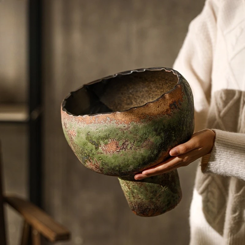 Vintage Zen Style Hand-Pinched Ceramic Vase Large Opening Distressed Finish Flower Pot for Succulents Plant Decor Centerpiece
