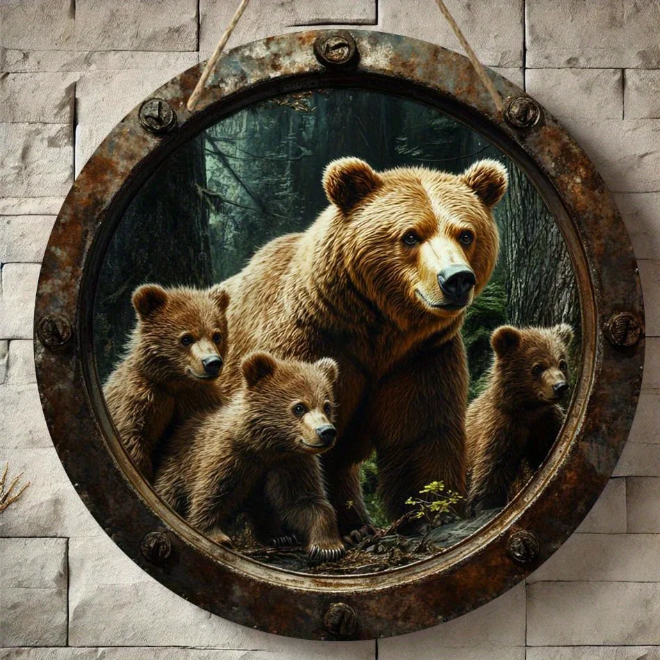 1pc Rustic Wooden Bear Family Wall Art, 8x8 Inch Round 2D Pr