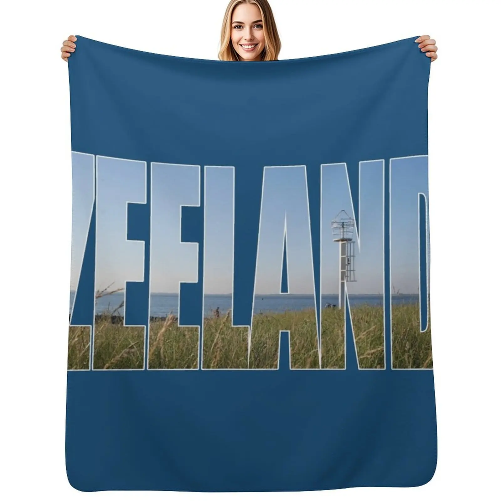 Text Zeeland with overlay of a land and sea landscape in a photo of zeeland in the Netherlands Throw Blanket