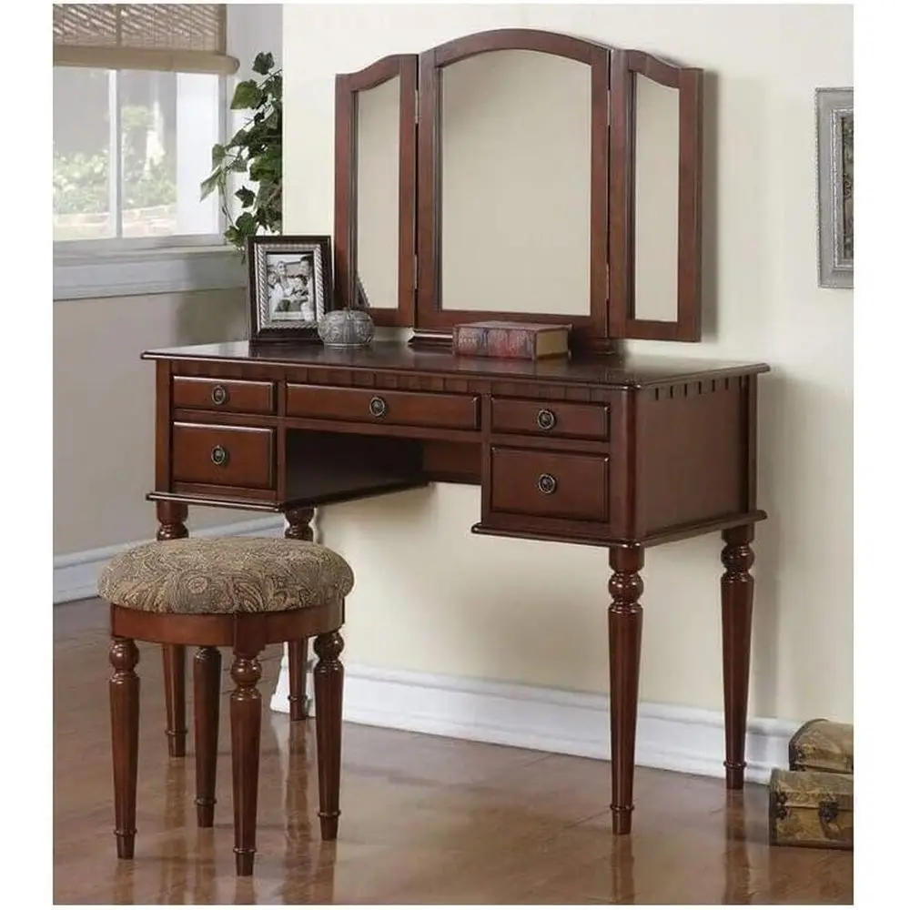 

Cherry Wooden Vanity Set with Mirror and Stool, Antique-Style Accent Furniture