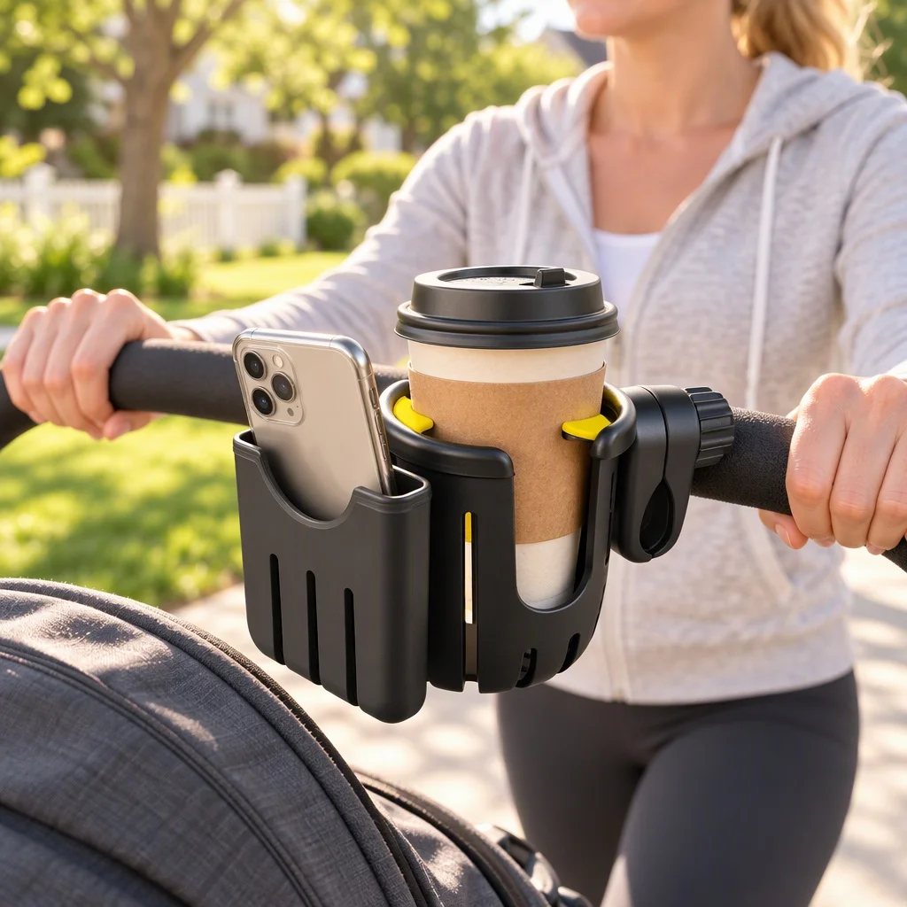 2 in 1 Stroller Cup Holder with Phone Mount, Universal Adjustable Clamp for Bike Wheelchair Scooter Walker, 360° Rotation ABS