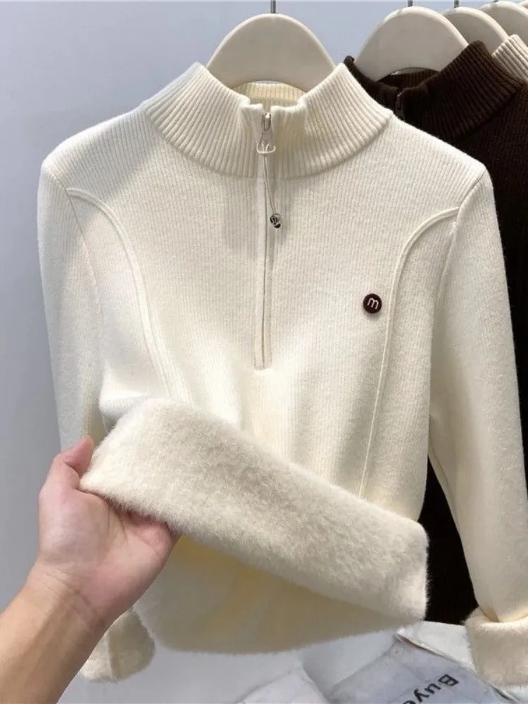 سترة محبوكة مخملية أنيقة من Chic f Zip Thiened للنساء لربيع وخريف وشتاء f بياقة عالية وقاعدة مستوى الكتف...