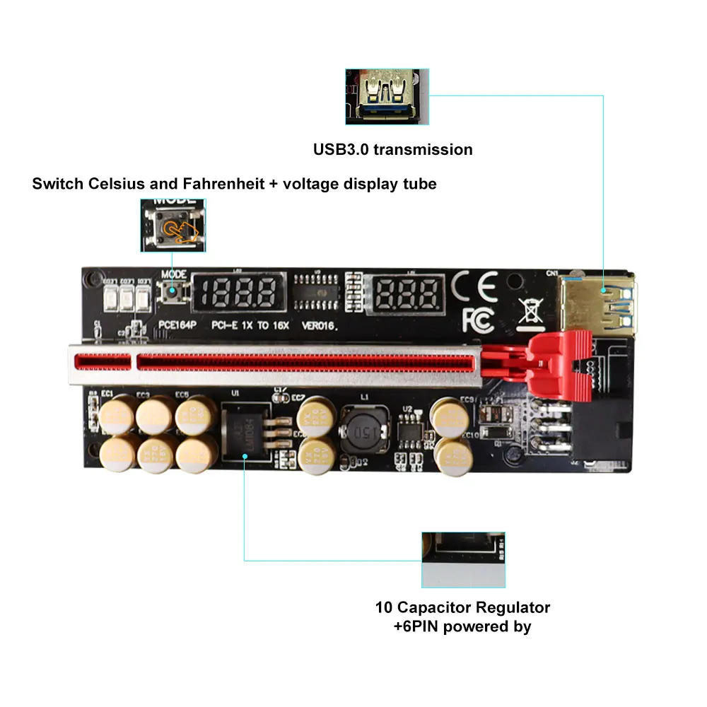 Imagem -06 - Ver 016 Pci-e Riser Cartão Ver016 Pci Express x para 16x Extensor 6pin Btc Etc Mineração Usb 3.0 Pcie Riser para Placa de Vídeo 12 Peças