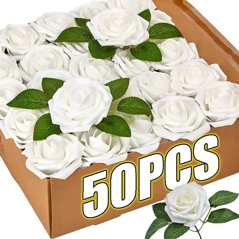 50/5 قطعة الورود الاصطناعية الزهور رغوة وهمية رؤساء الورد مع ينبع DIY بها بنفسك باقات الزفاف طاولات الحفلات المنزلية لوازم الزينة