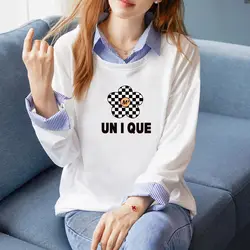 Spring and Autumn Women's Splicing Polo-Neck Long Sleeve Loose Printed Fake Two Pieces Pullovers Fashion Casual All-match Tops