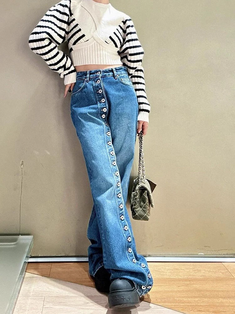 Women's Continuous Button Design High Waisted Jeans Cool Girl Streetwear Fashion Pants Female Casual Blue Denim Trouser