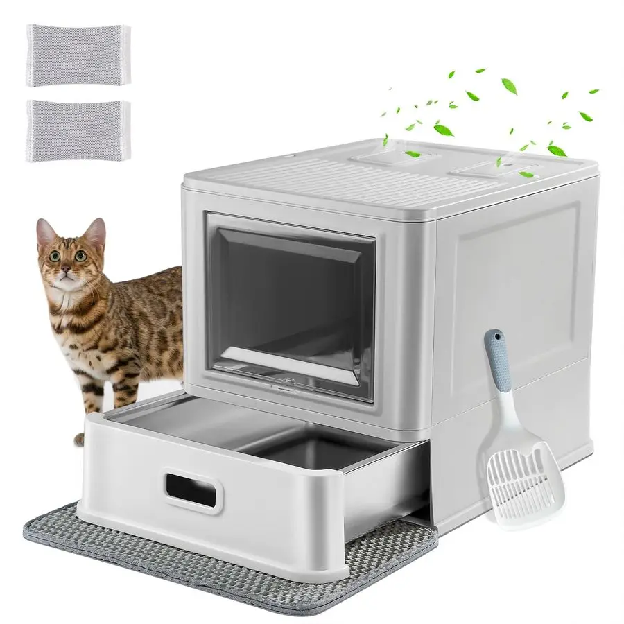 

Закрытый лоток для кошачьего туалета из нержавеющей стали с крышкой и выдвижным ящиком для кошек всех возрастов и образов жизни, металлический лоток для кошачьего туалета с крышкой.