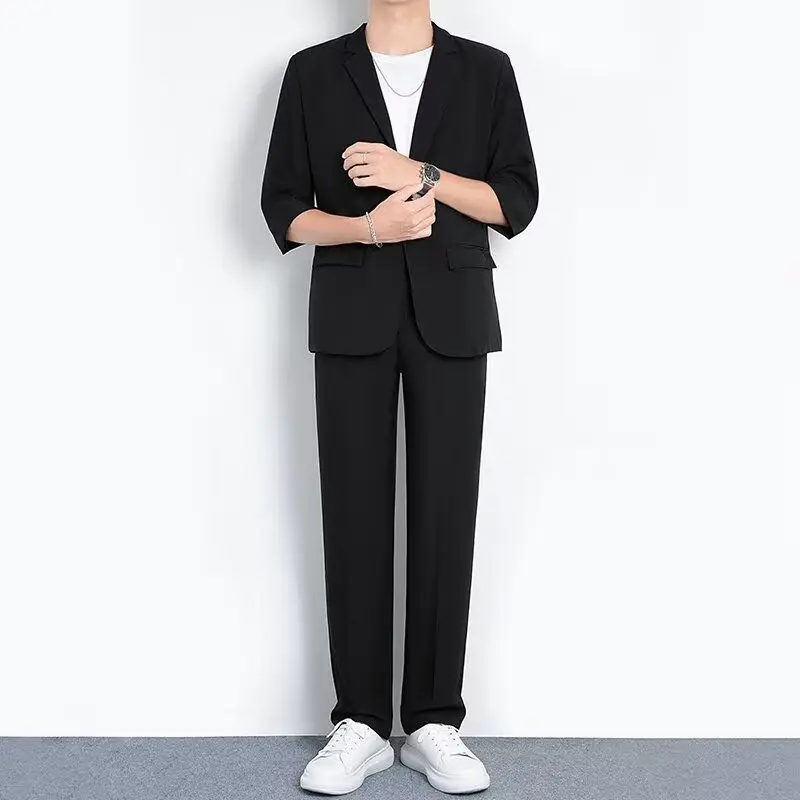 

Men's Casual Slim Fit Two-Piece Suit Spring Summer Lightweight Polyester Fiber Faionable Korean Sle Leisure Pants