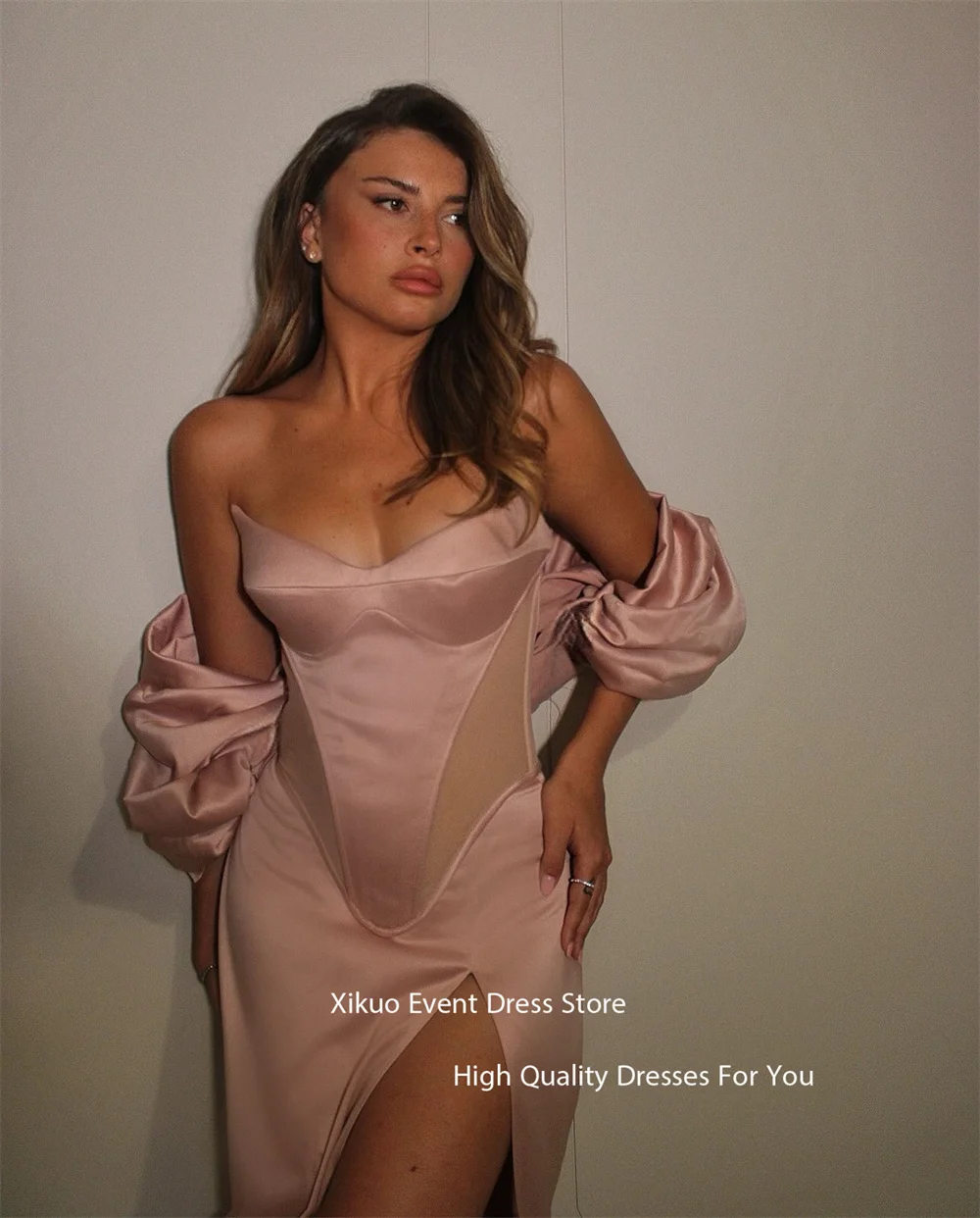 فساتين سهرة من الساتان الوردي العتيق من Xikuo فساتين حفلات على شكل قلب حورية البحر أنيقة بفتحة جانبية عالية رداء De Soirée فام مخصص