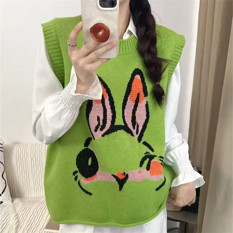 Green Sweet Knitted Sweater Vest Women Jacket Kawaii Cartoon Bunny Jacquard Sweet  Girls Fashion Casual Knitted Tanks Tops 2024