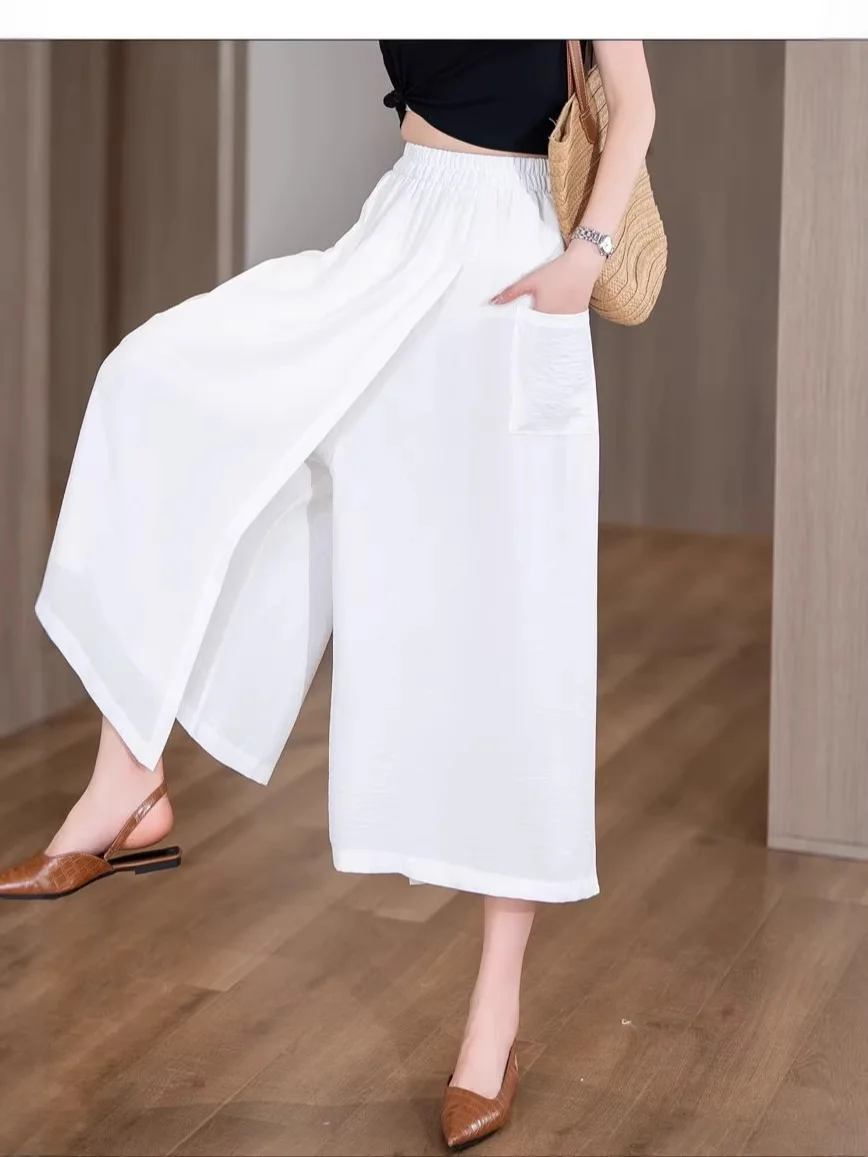Slimming High-Waist Asymmetric Casual Skirt Pants Loose Fit Thin Material Comfortable Lazy Style Wide Leg Pants for Plus Size