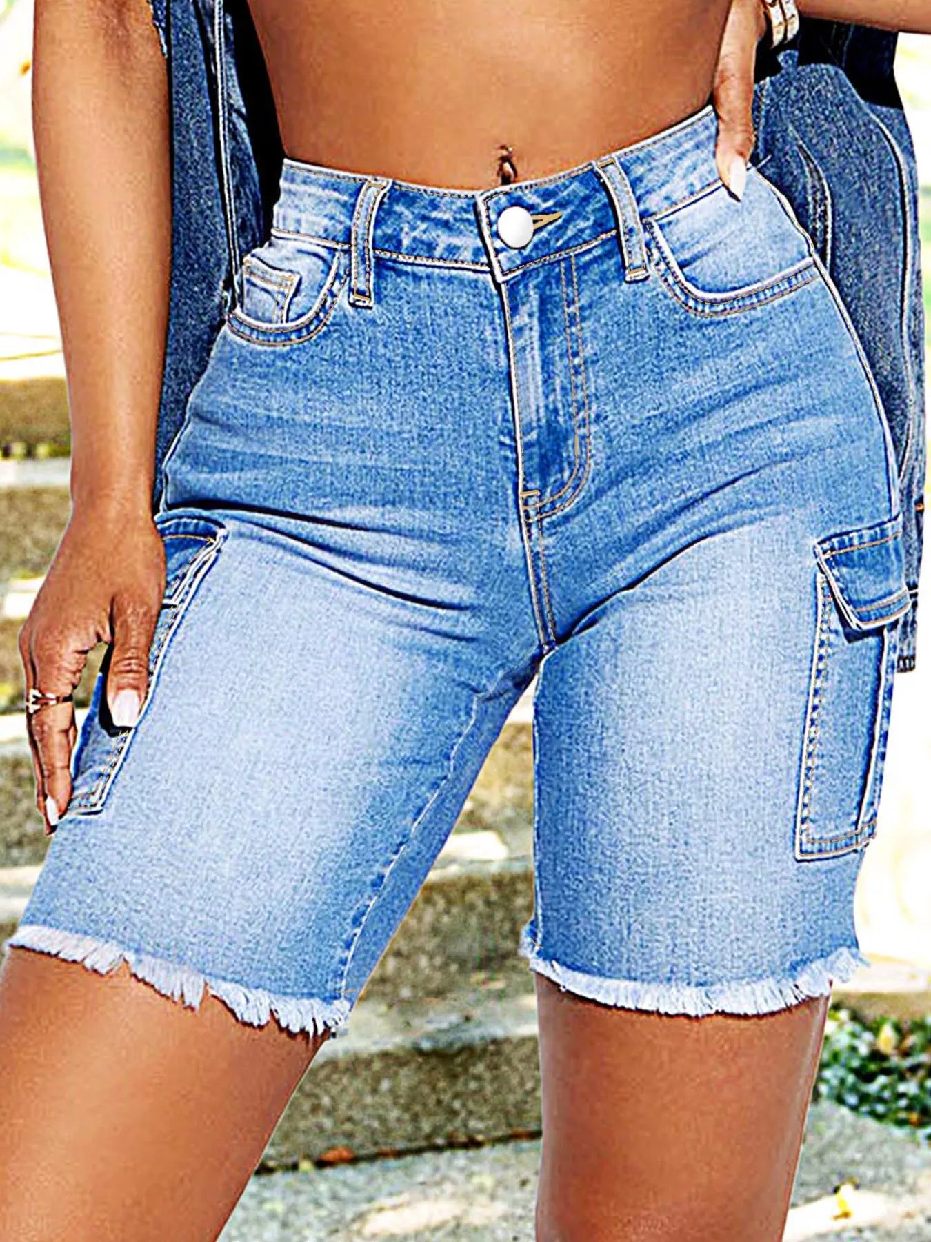 

Plus Size Women's Blue Denim Mid-Thigh Shorts - Side Pockets, Frayed Hems, Street-Style Casual for Outdoor Wear