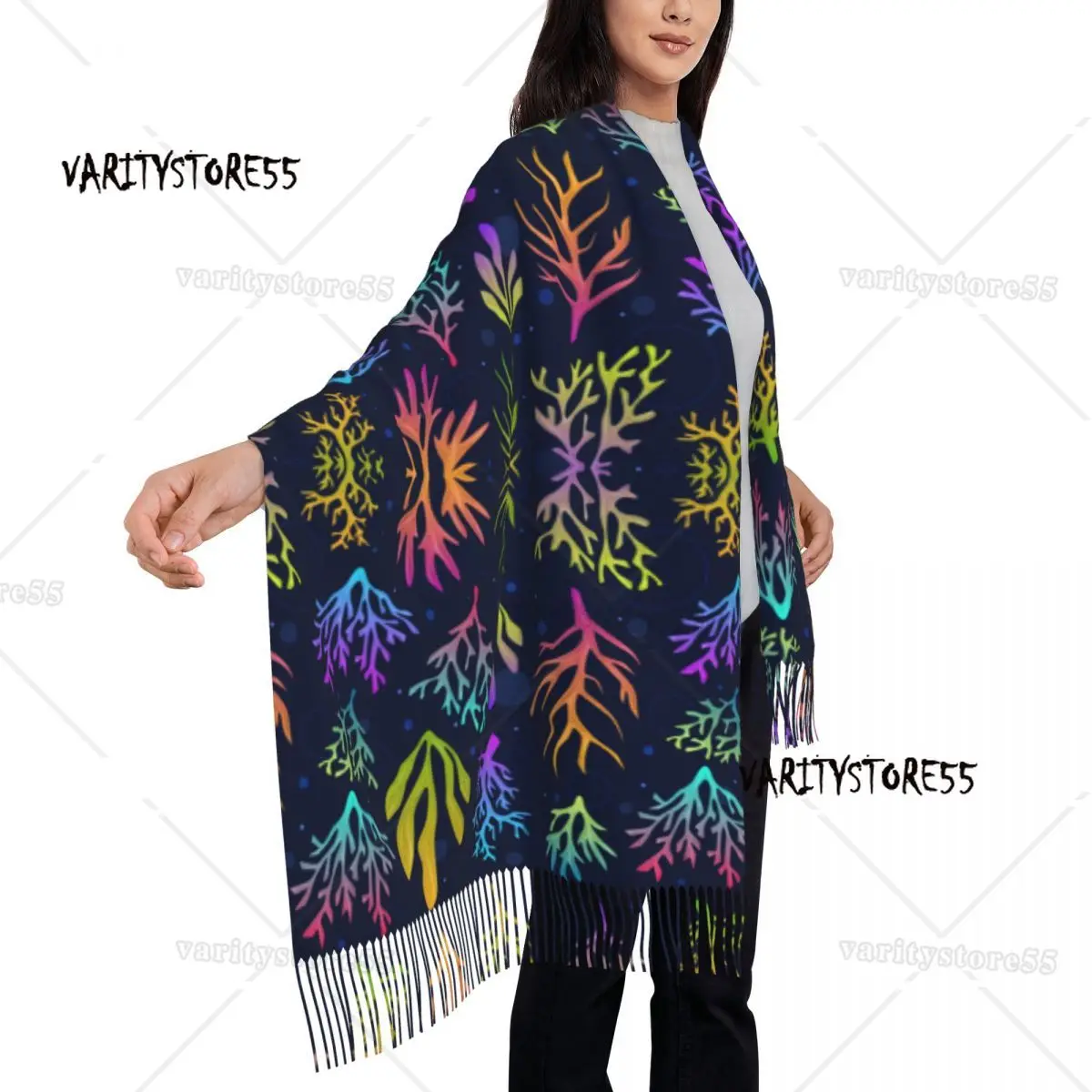 Psychedelic Coral Women's Pashmina Shawl Wraps Fringe Scarf Long Large Scarf