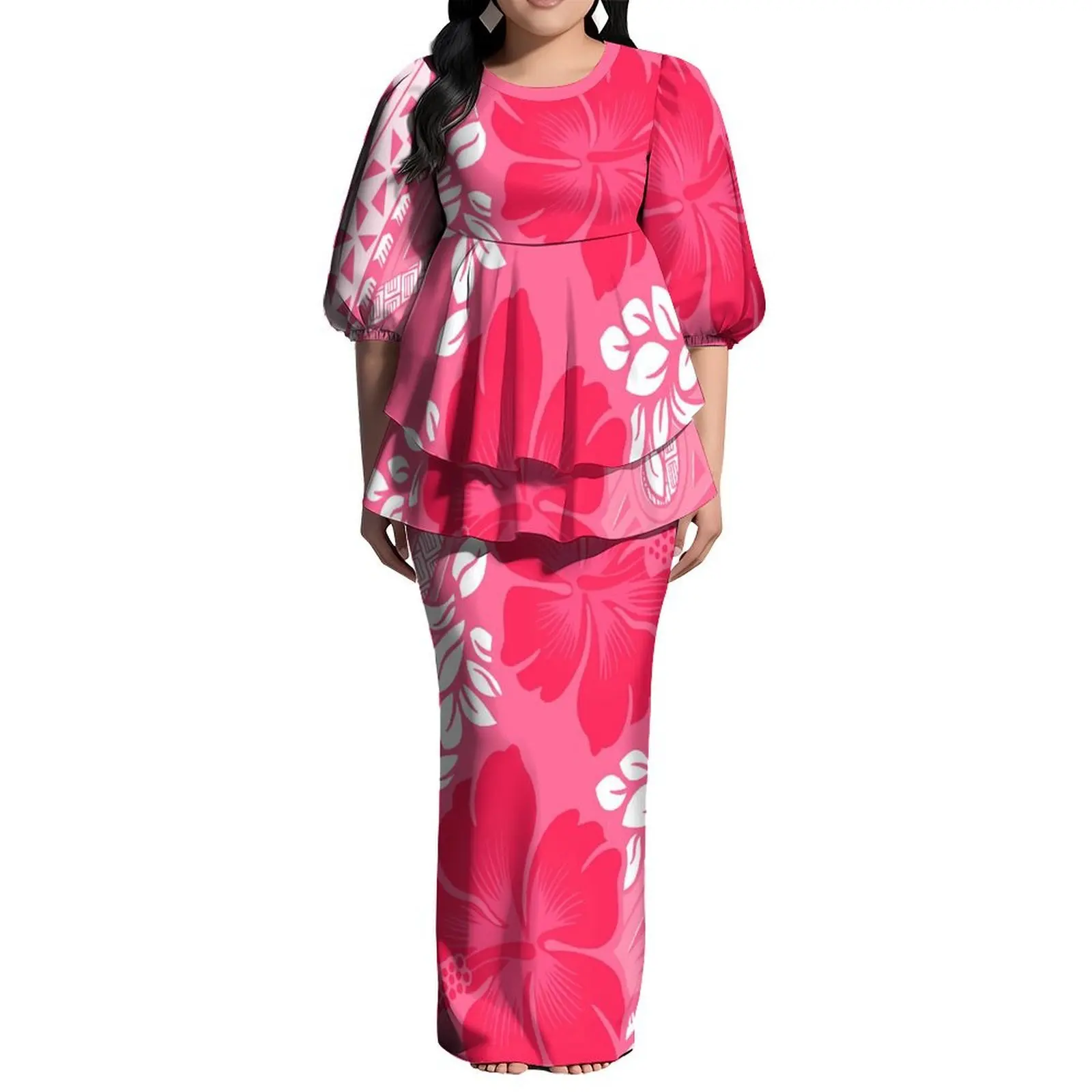 

Samoan Floral Print Puletaha Putaha Dress Women'S New Dress Two-Piece Set Puletasi Top And Long Dress Ethnic Costume