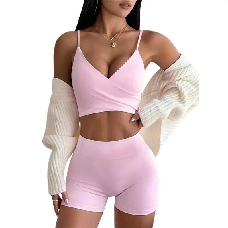 

Спортивные комплекты из двух предметов для женщин: топ и шорты с высокой талией, подчеркивающие фигуру, для занятий в спортзале