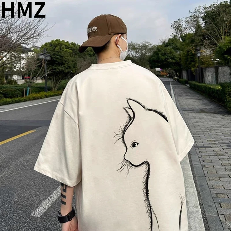 HMZ Summer T-shirt uomo oversize Cartoon Cat Print Tees High Street Unisex Top magliette T-shirt in cotone sciolto uomo abbigliamento quotidiano