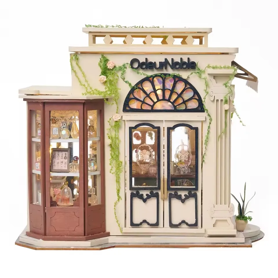 DIY Wooden Odeur Noble Perfume Shop Cottage Miniature Model Kits With Furniture Puzzles Dollhouse for Friends Birthday Gifts