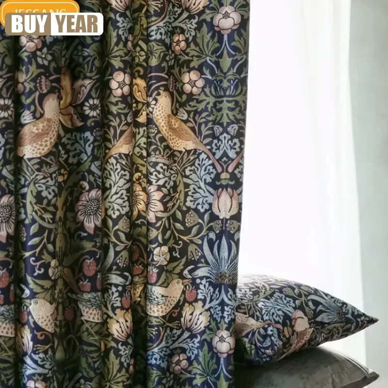 

American Style Garden Flowers And Birds Green Jacquard Thickened Cotton And Linen Curtains For Living Room Bedroom Balcony