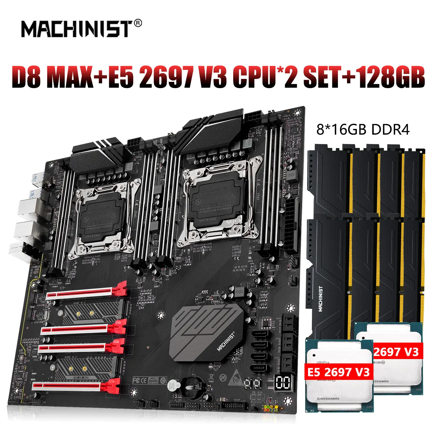 

MACHINIST X99 Xeon Kit Motherboard Set LGA 2011-3 E5 2697 v3 Dual CPU Processor ECC DDR4 8*16GB Memory M.2 NVME ssd E-ATX D8 MAX