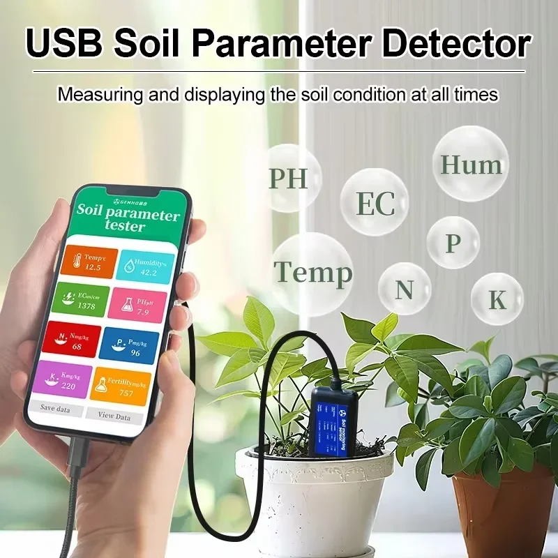 Portable USB type-c 8 in1 soil sensor free android app data read moisture soil npk meter sensor