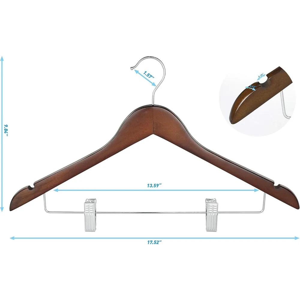 Wooden Suit Hangers with Adjustable Metal Clips (20 Pack), Solid Wood Clothes Hangers, 360° Swivel Hook, Premium Retro