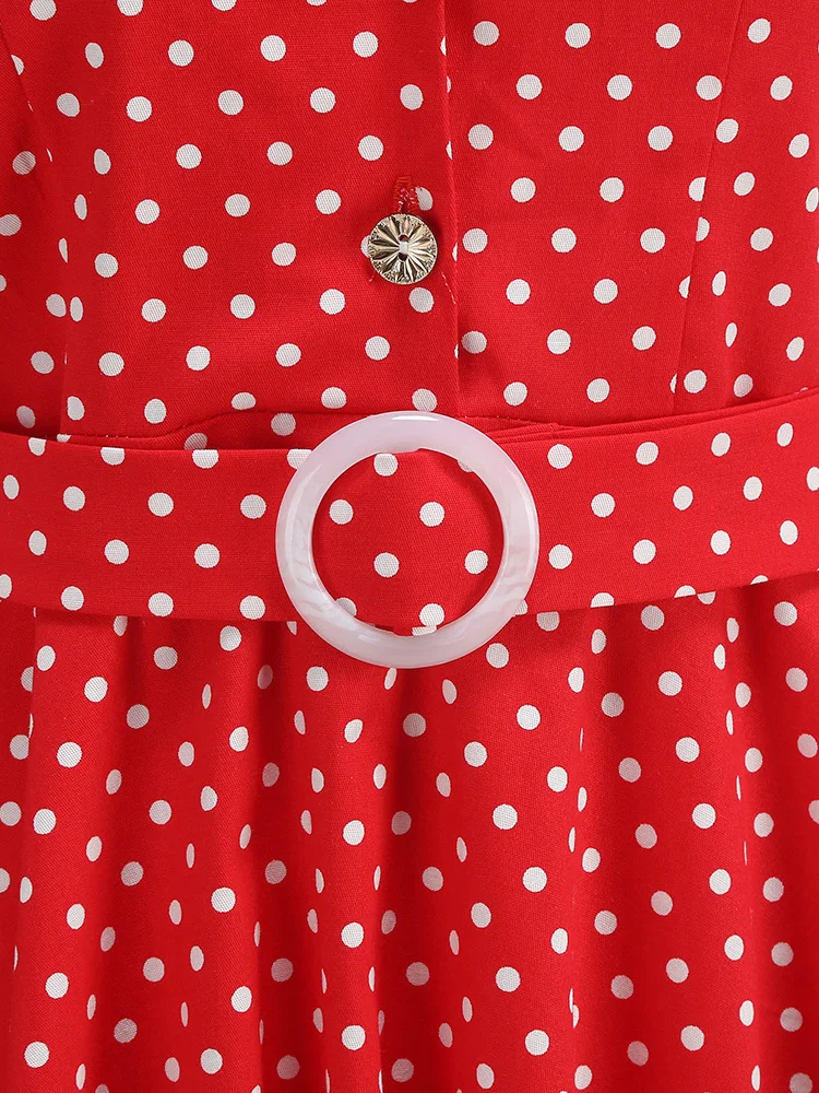 Tonval Retro-Kleider für Damen, 2025, Umlegekragen, Knöpfe vorne, Gürtel, gepunktet, Baumwolle, Rockabilly-Flare-Midikleid – Detail 16