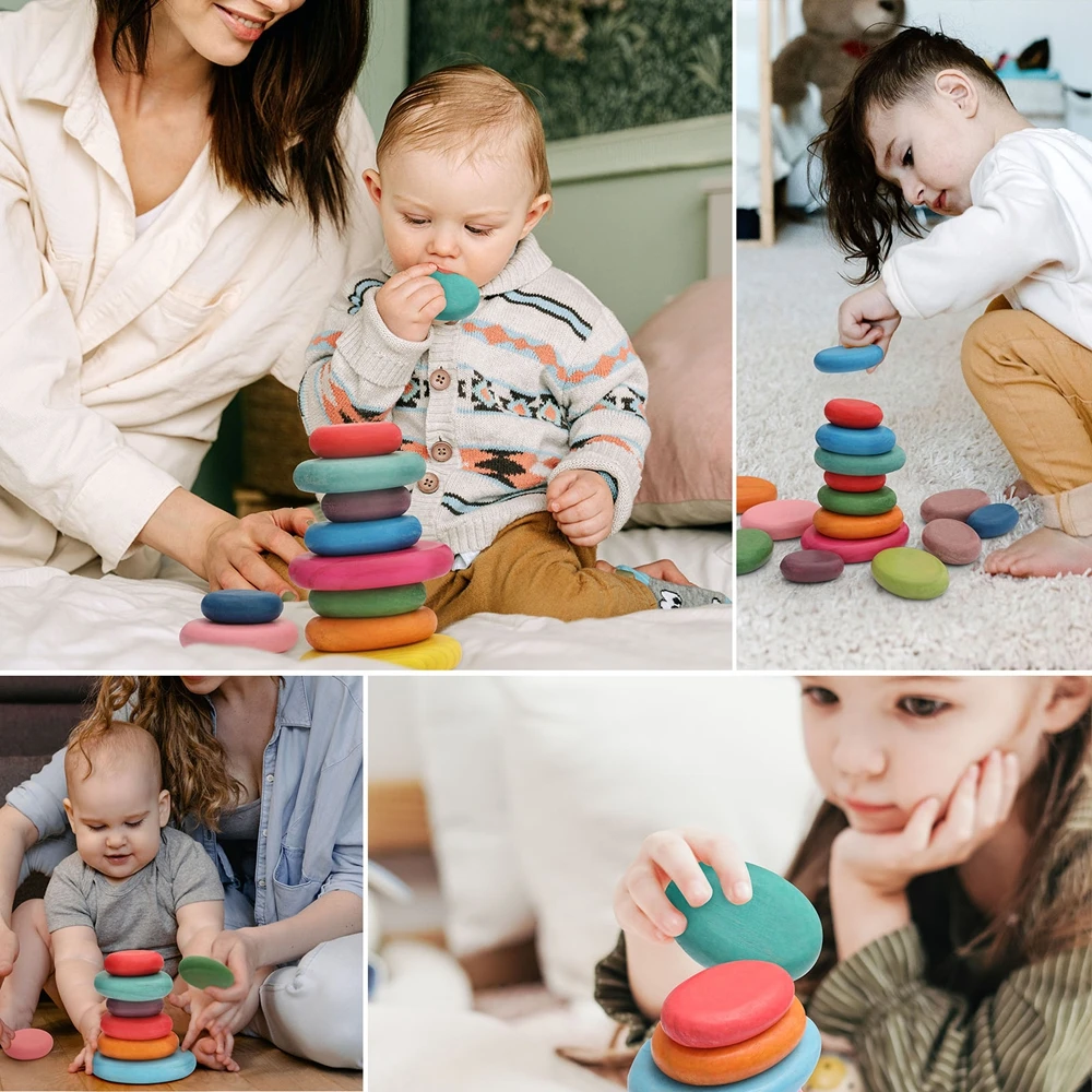 Wooden Montessori Toy Rainbow Stacked Stone Toy BO BPA Colorful Baby Education Sensory Balance Game Building Block Toy Baby Gift