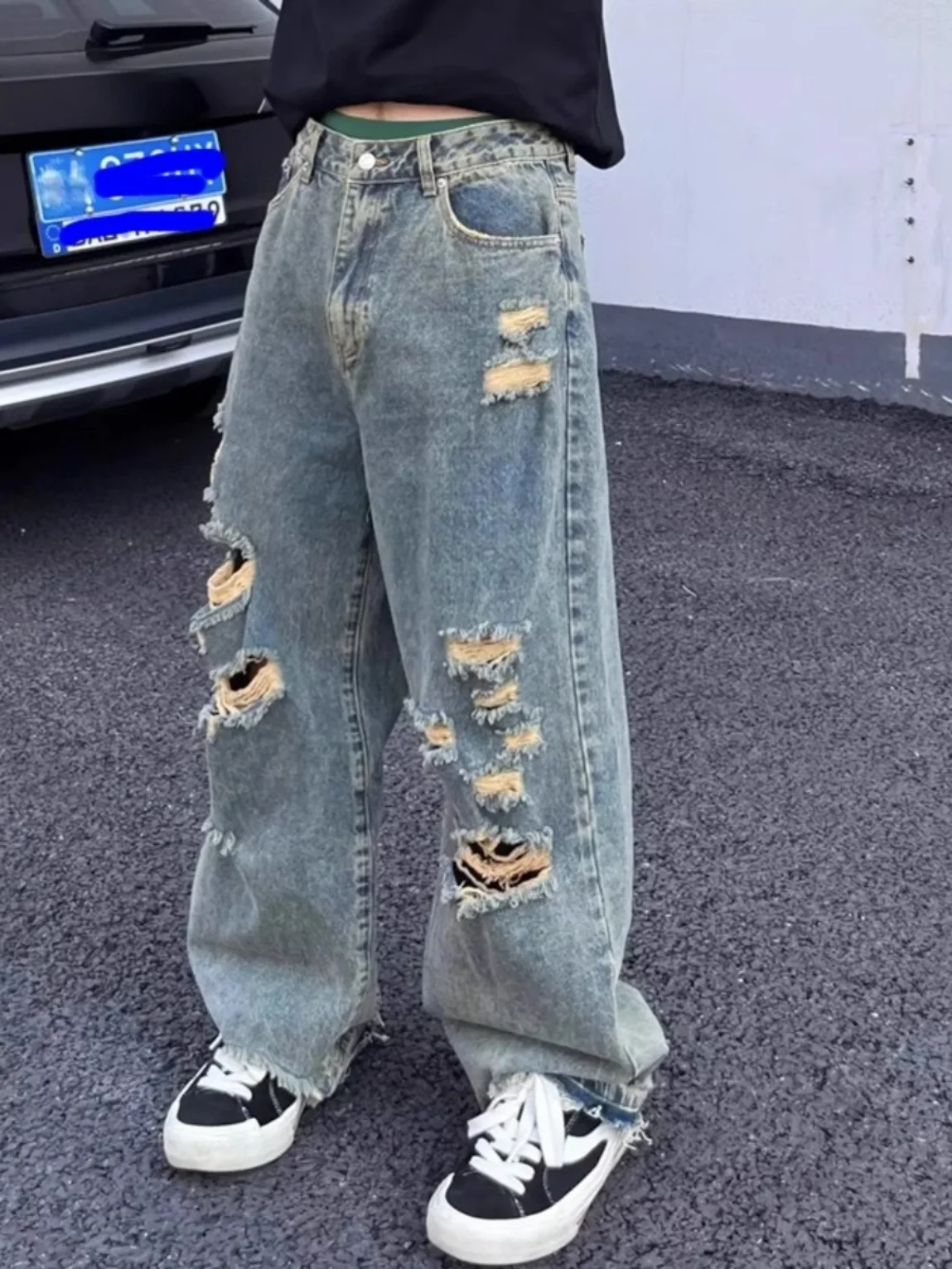 

American High Street Men's Summer Waed Vintage Hiphop Loose Wide Leg Jeans Distred Straight Tube Pants Casual Jeans