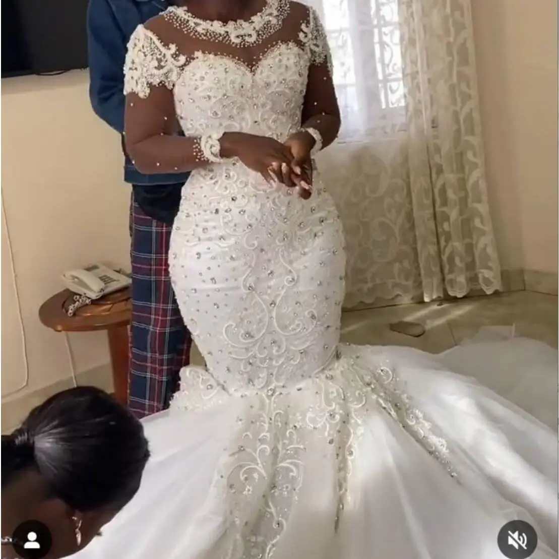 Vestido De novia romántico personalizado con cuello redondo, apliques De cristales, Vestido De novia Sereia 2024, Vestido De novia africano De manga larga