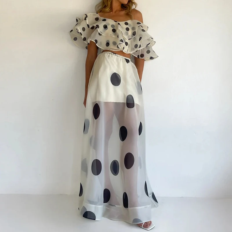 Women's short sleeved long skirt 2-piece set sexy off shoulder top and skirt set fashionable party printed holiday skirt set view 2