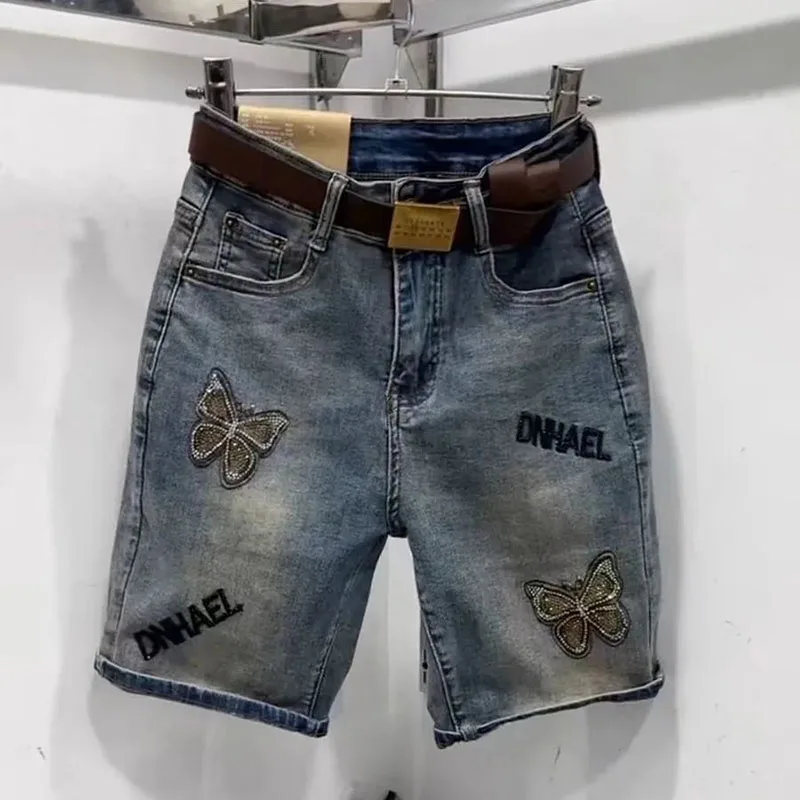 

Ladies New Denim Shorts New Heavy Rhinestone Butterfly Embroidery Letters High Waist Pants Straight High Waist Printed Jeans