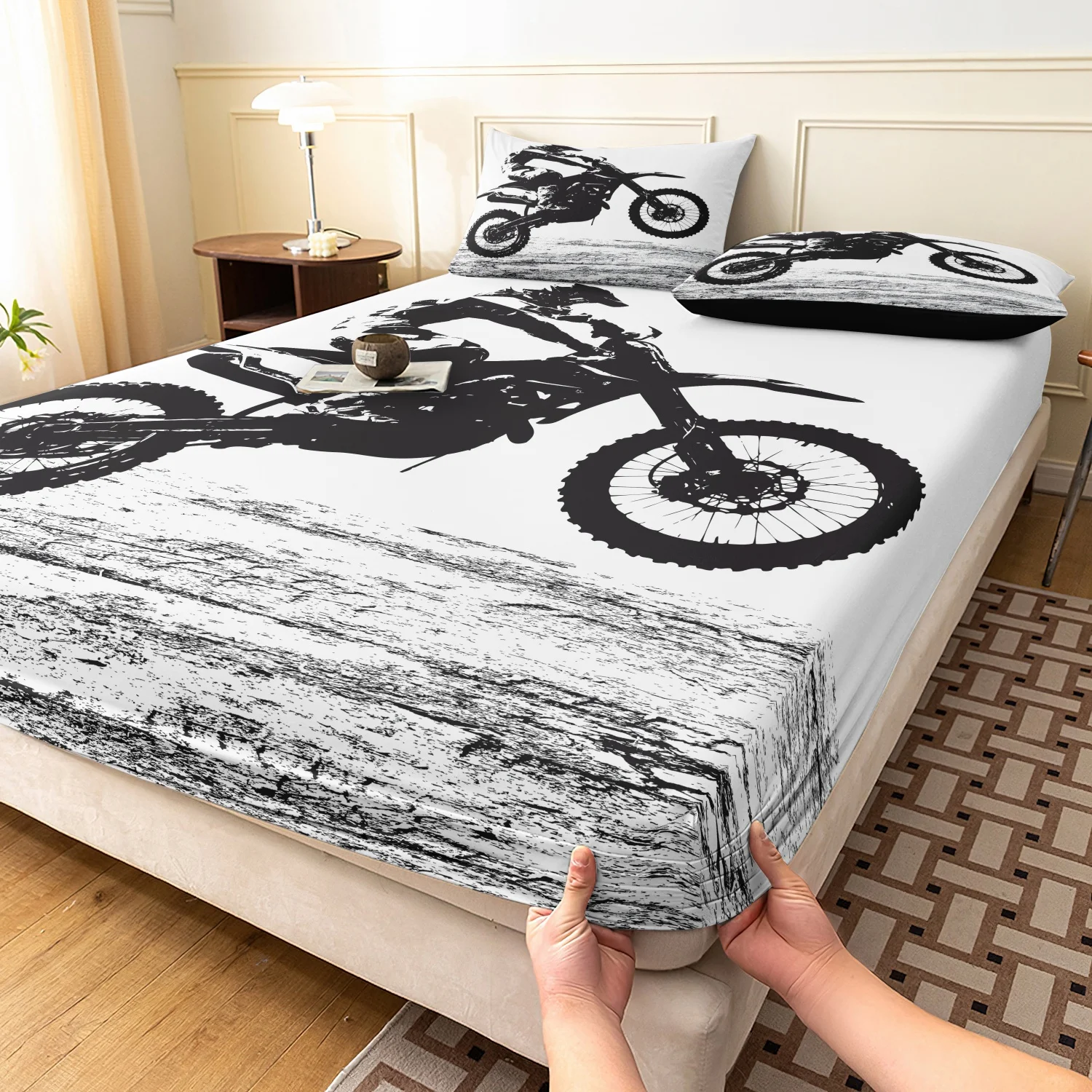 3Pcs Motocross Dirt Bike Print Fitted Sheet Set, Off-Road Motorcycle Rider Print Bedding, Multiple Sizes Available