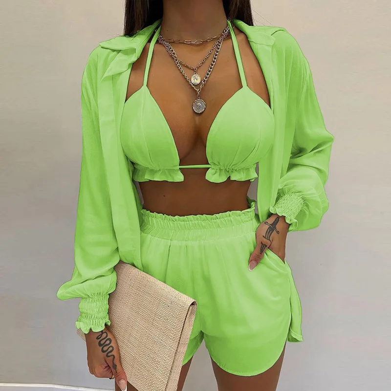 Neue 2025 Badeanzug Shorts Cover Up Sommer Drei Stück Bademode Sexy BeachWear Hohe Taille Bikini Set Druck frauen Badeanzug – Detail 7