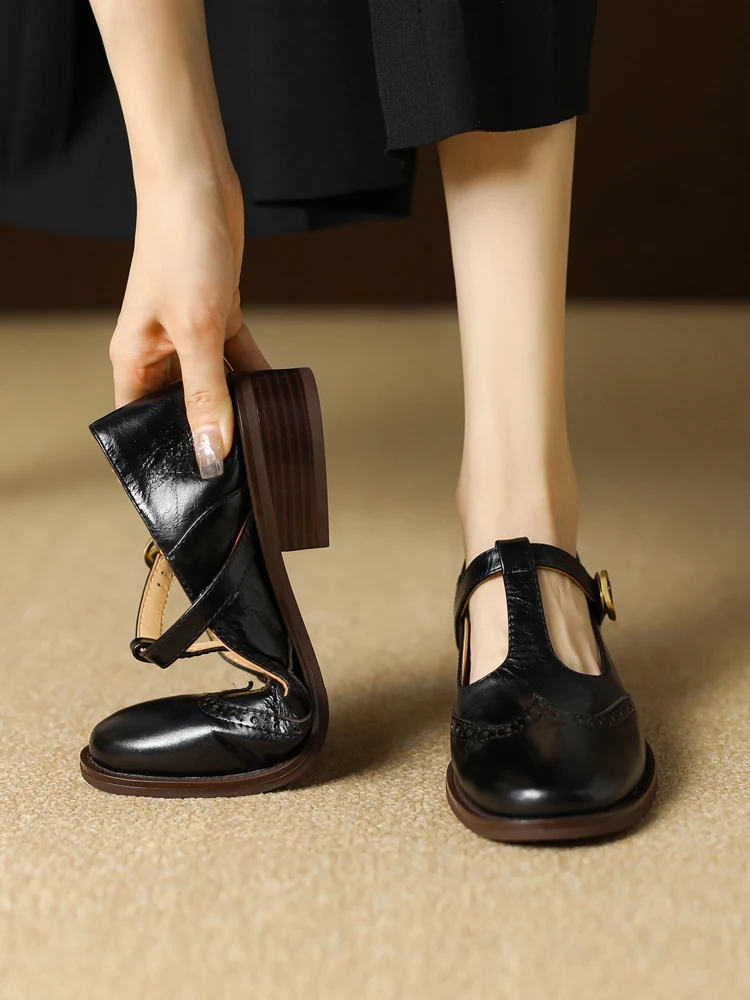 

Mary Jane Retro Sle Women's oes Bule Design Leather Upaded Version Comfortable Chunky Heel Briti Sle Flats