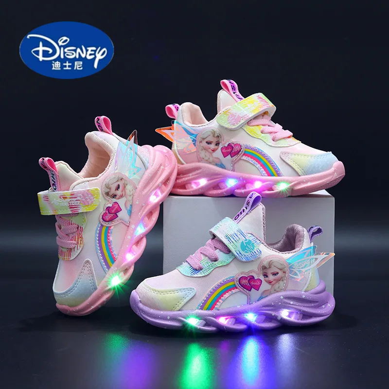 ディズニー エルサ プリンセス シューズ 2025 春 - 幼児用ピンクレザースニーカー、通気性と快適性を備えた韓国スタイル