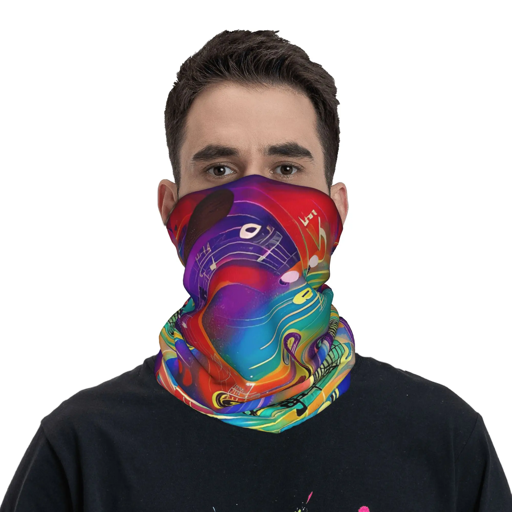 Music Note Multicolor Treble and Bass Clef with Swirling Bandana Neck Cover Printed Wrap Scarf Face Mask Outdoor Sports Unisex