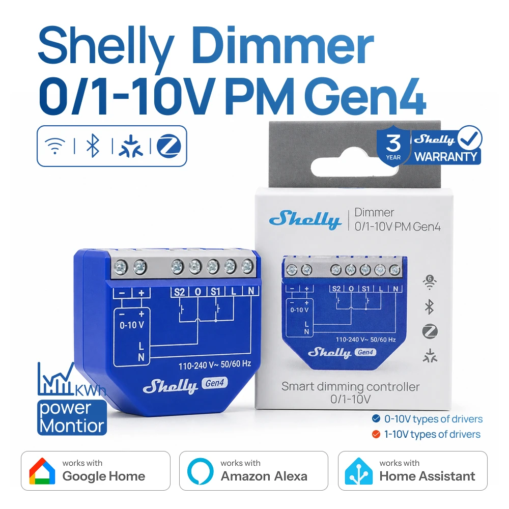 

Умный диммер Shelly 0/1-10V PM Gen4: широкая совместимость с осветительными приборами, мониторинг мощности в реальном времени, защита от перегрева