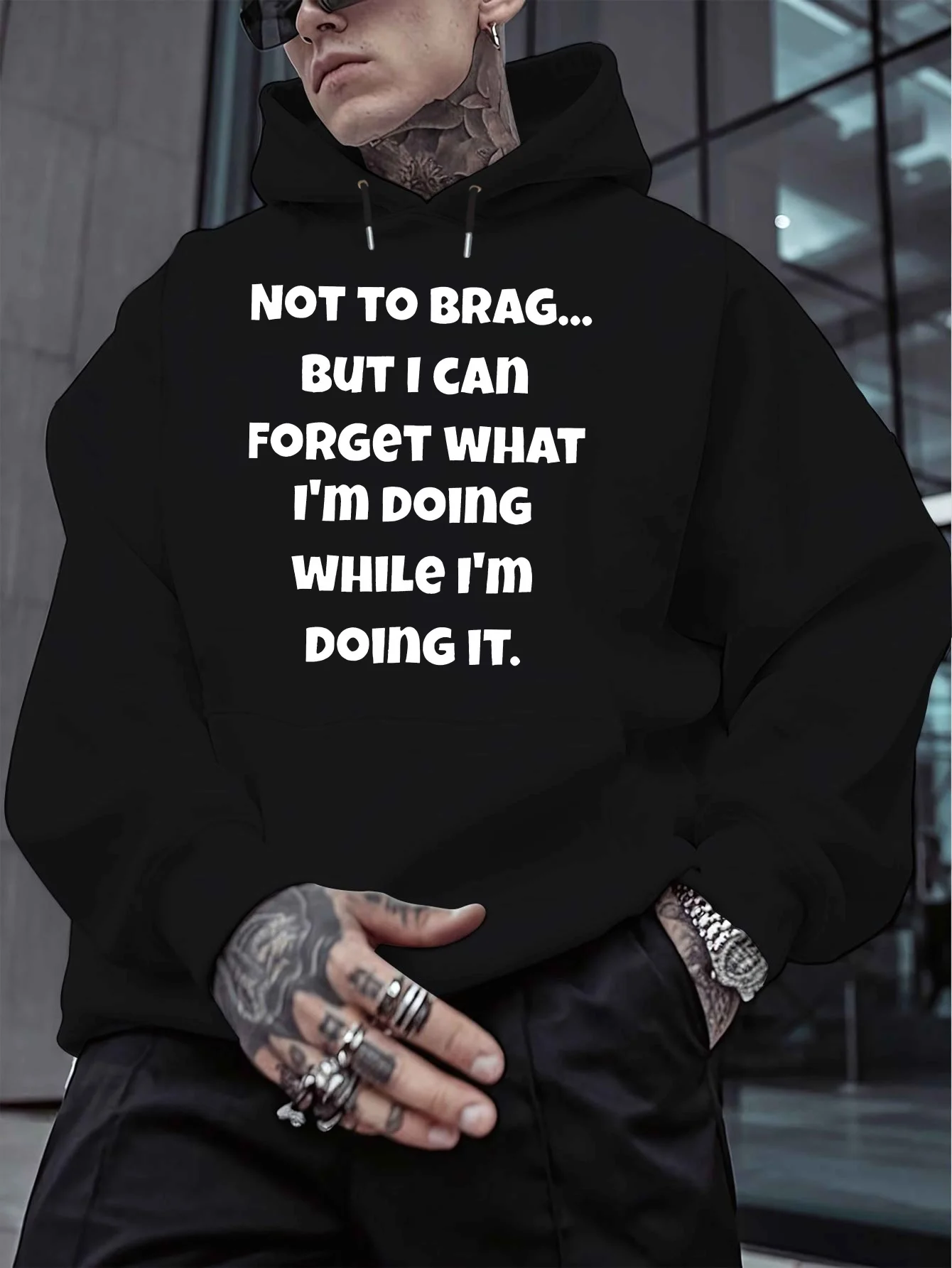 سترة بغطاء للرأس مطبوعة للرجال - جريئة "ليست للتخدير..." تصميم شعار، نمط حروف أبيض وأسود، قميص بلوفر كاجوال #1