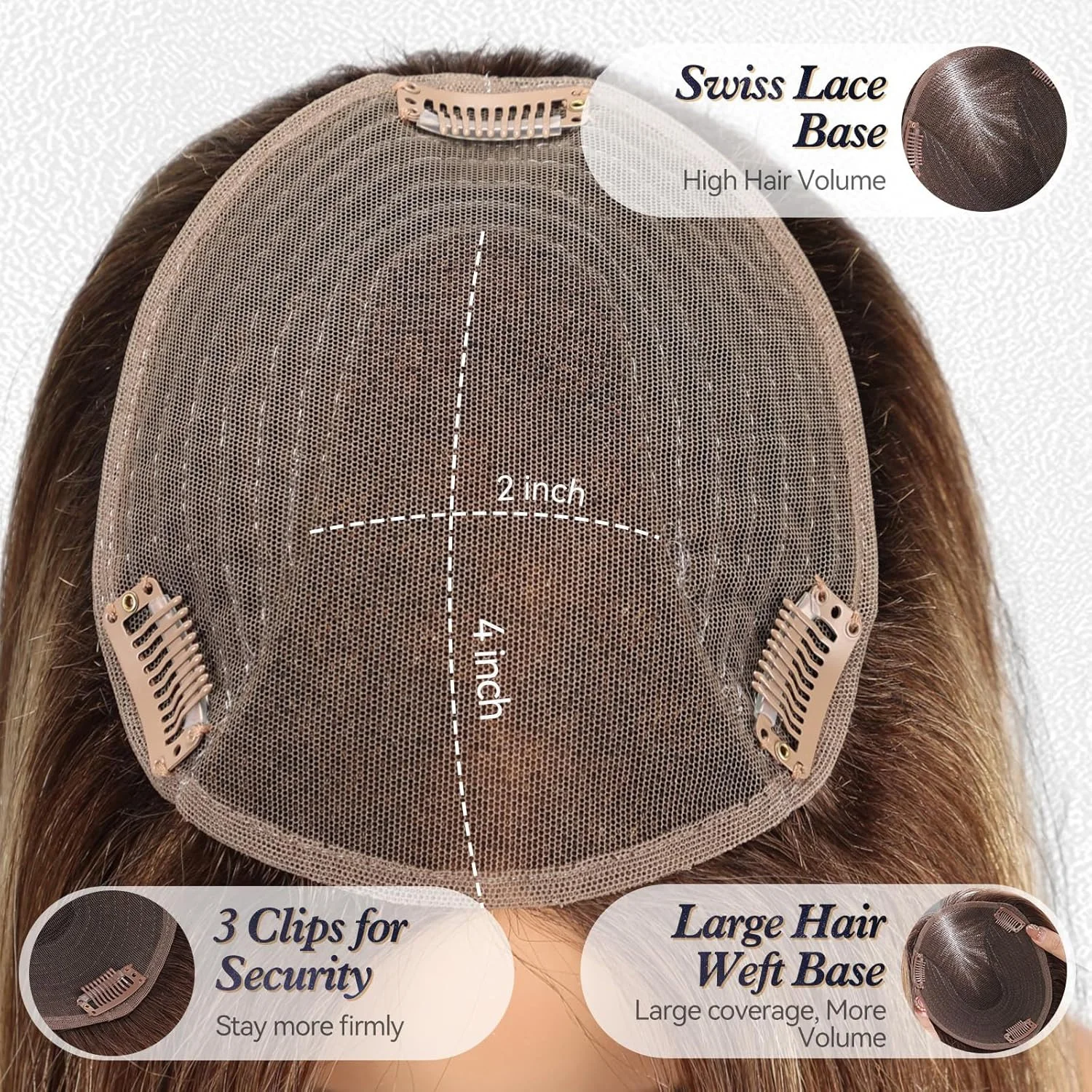 14 Inch Middle Part Real Human Hair Toppers for Women Brown Highlight Clips in Human Hair Topper 5*6in Large Swiss Base Topper