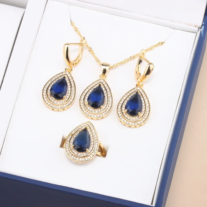 Italian 18k Gold Plated Water Drop Necklace Earrings Sets With Zircon Pendant Luxury Dubai Jewelry Set For Women Weekend Party