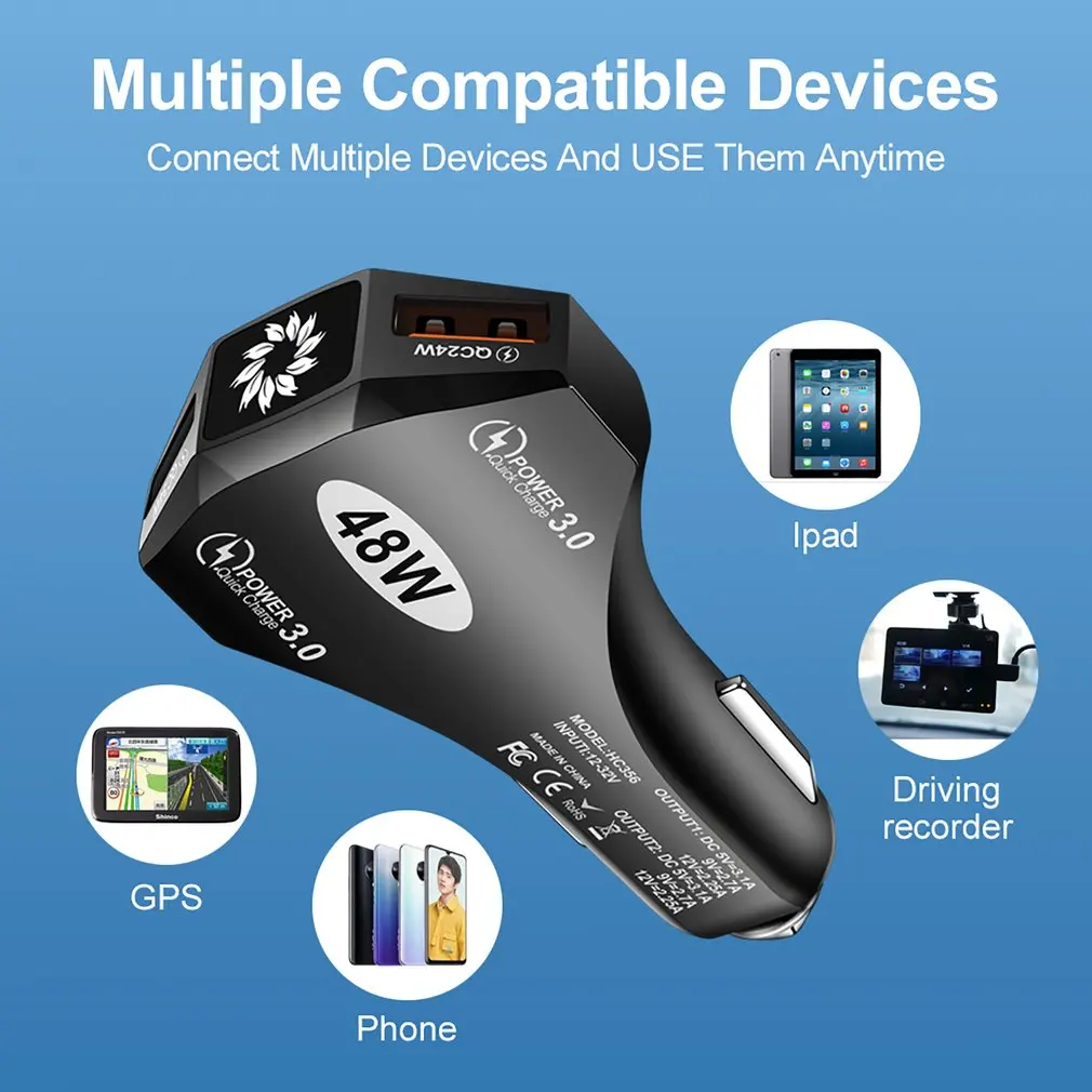 ที่ชาร์จเร็ว USB 48W 2 พอร์ตชาร์จสำหรับไอโฟน เสี่ยวมี่ หัวเว่ย P40 ซัมซุง ควิกชาร์จ ยูเอสบีเครื่องชาร์จในรถยนต์ดรอปชิปขายส่ง