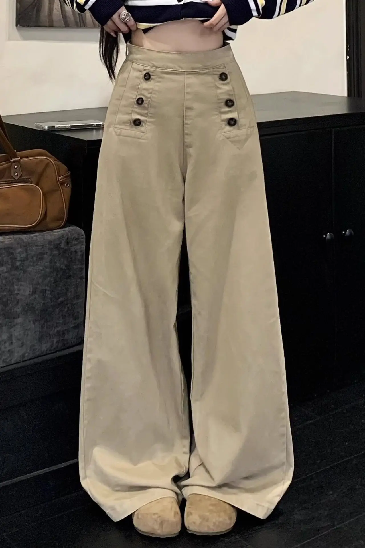 

Gagarich American 2026 Retro Khaki Design Double Breasted Wide Leg Jeans Women Spring Autumn Loose Straight Leg Floor Pants