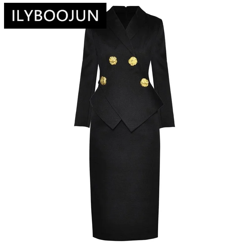 

ILYBOOJUN Fashion Designer Autumn Pencil Dress Women Long Sleeve Metal Buttons Ruffles Slim Office Lady Package Buttocks Dress