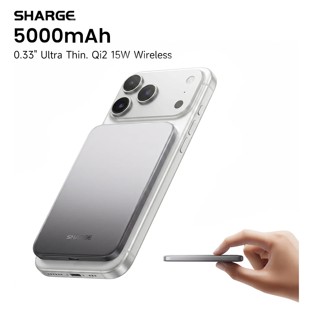 SHARGE AirMag Qi2 MagSafe Power Bank 5000mAh Ultra Slim Magnetic Wireless Charger 15W Fast Charging Battery for iPhone 17 16 15