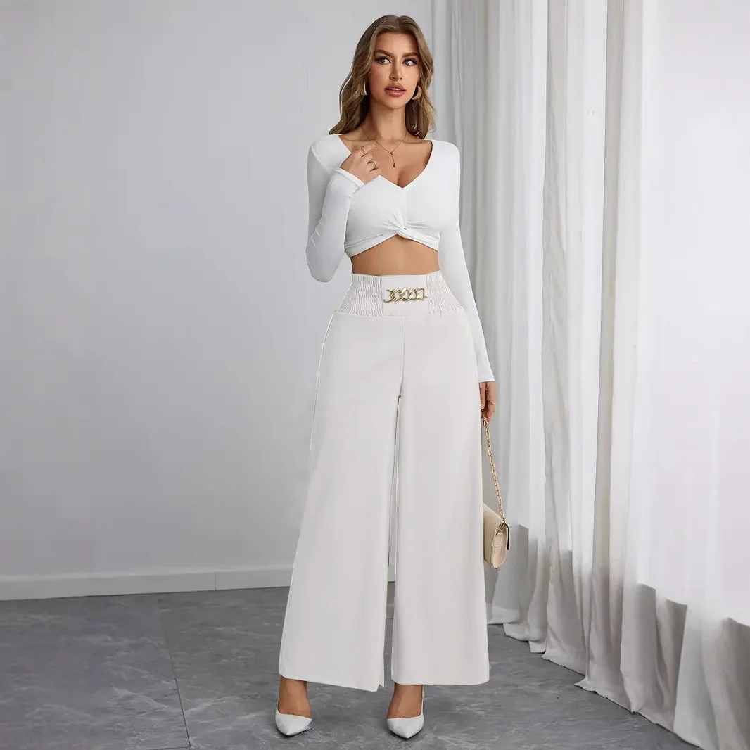 New High-waisted And Thin Temperament Commuting Solid Color Chain To Win Spring And Autumn Wide-leg Pants
